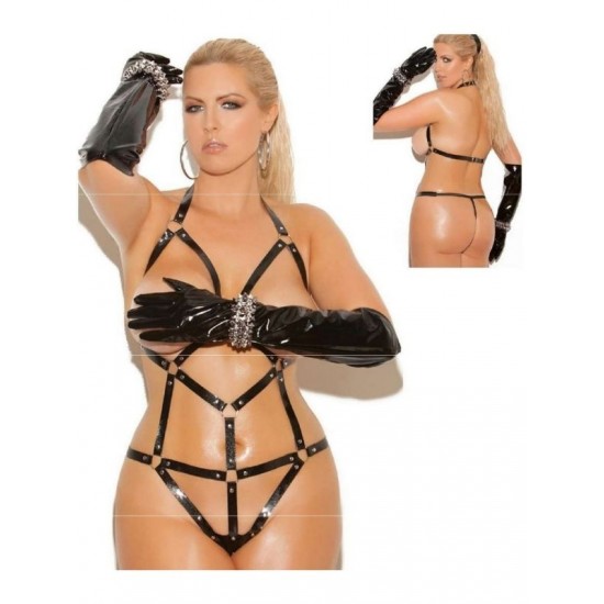 TutkuLoveShop Siyah Özel Bölgeleri Açık Deri Harness Seksi Fantezi Bodysuit